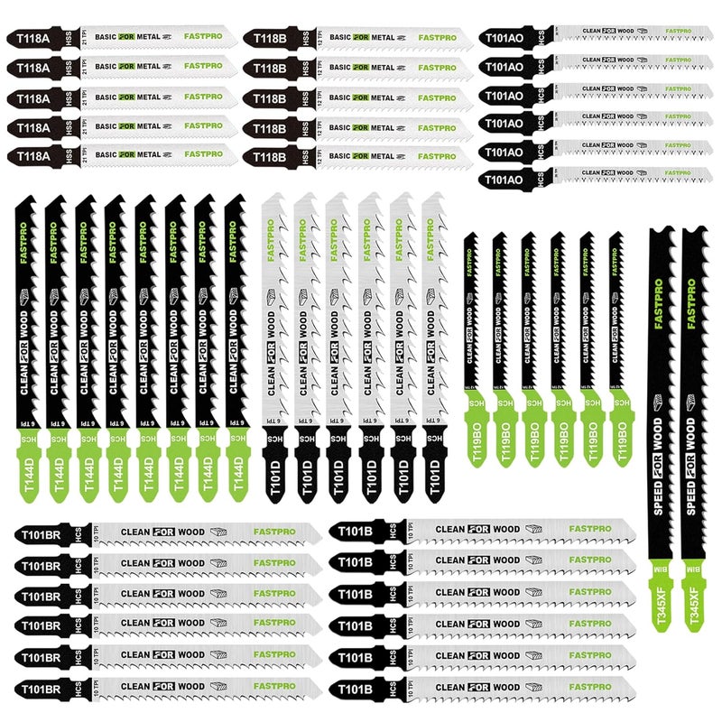 FASTPRO 50-Piece Jigsaw Blades Set with Case, Assorted T-Shank Jig Saw Blades for Wood, Metal and Plastic Cutting - Image 1